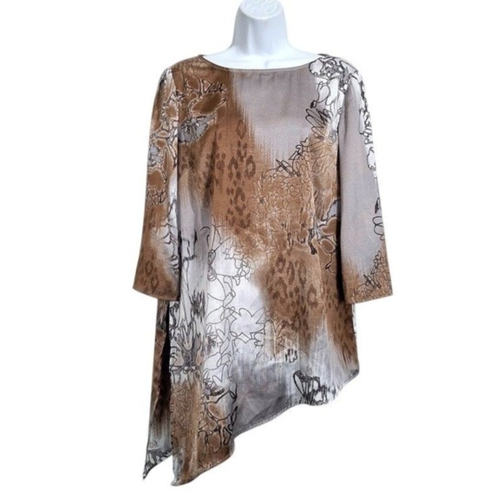 Travelers by Chicos Womens Top 1 US S Brown Gray Floral‎ Asymmetrical Tunic